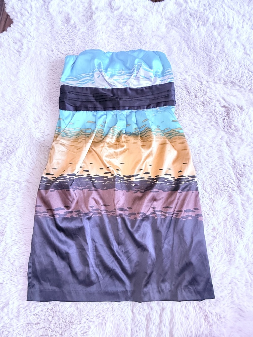 The Limited Strapless Satin Dress in Aqua with Gold and Mauve Accents